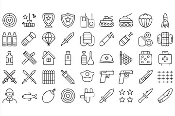 Army and Defense Line Icons Collection for Security Protection and Strategy