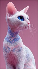 Cute gray animated cat character with large blue eyes sitting on a purple background