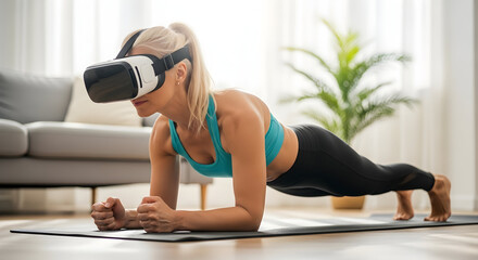 Woman doing plank exercise using virtual reality headset at home fitness workout VR technology health wellbeing active lifestyle digital fitness
