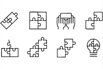 Creative Problem Solving Line Icons Collection with Puzzle and Hands Symbols