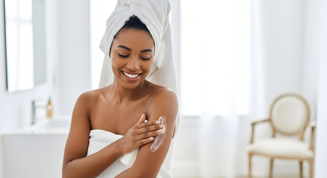 Happy woman applying body lotion after shower skincare routine selfcare beauty wellness healthy lifestyle natural products moisturizing cream bodycare routine pampering relaxing bath time