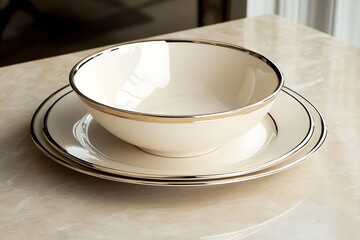 Cream-toned ceramic plate and bowl set with thin silver lining, styled on a beige marble tabletop 