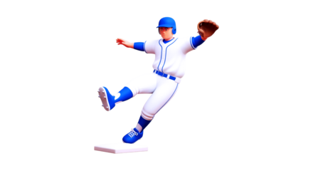 dynamic baseball pitcher 3d cartoon action pose, ready to throw, isolated on transparent background