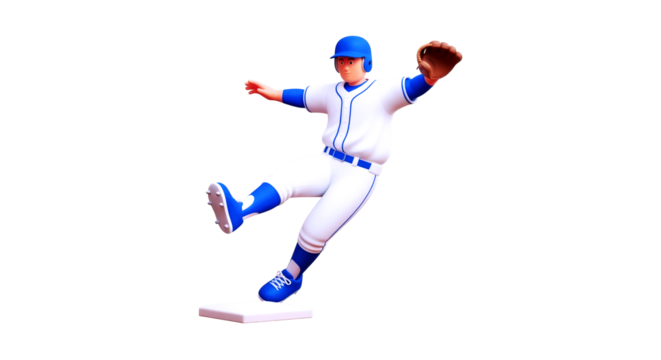 dynamic baseball pitcher 3d cartoon action pose, ready to throw, isolated on transparent background
