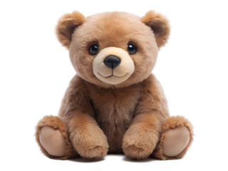 Charming brown teddy bear isolated on transparent background sitting upright, looking forward with its soft fur and cute paws, creating a comforting scene