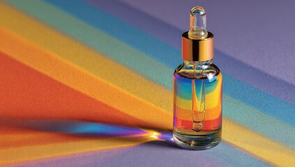 Naklejka premium Colorful dropper bottle on rainbow backdrop