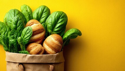 Freshly baked pastries and spinach in brown paper bag against vibrant yellow backdrop