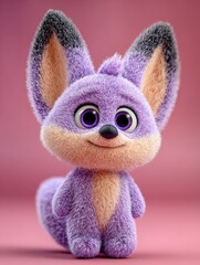 A playful purple fox character stands cheerfully with large round eyes, featuring fluffy ears and a vibrant coat. The background is softly illuminated.