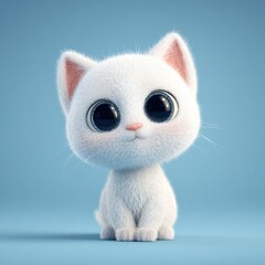 Cute white kitten with blue eyes sitting against a solid blue background looking curiously upward