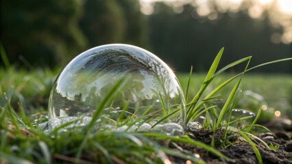 A clear soap bubble rests on dewy grass, reflecting the surrounding greenery and soft sunlight in a tranquil outdoor setting.