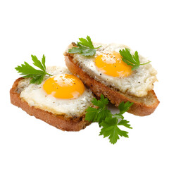 Toasts Topped with Fried Eggs Meat and Parsley isolated on a transparent background.

