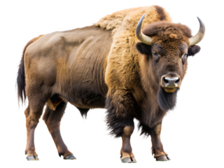 Majestic bison standing tall, isolated on transparent background, showcasing its powerful physique and impressive horns in a captivating portrait