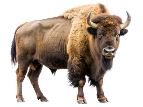 Majestic bison standing tall, isolated on transparent background, showcasing its powerful physique and impressive horns in a captivating portrait