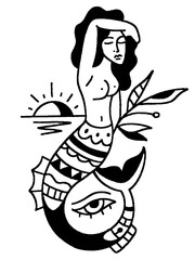 Traditional tattoo style mermaid with ocean sunset