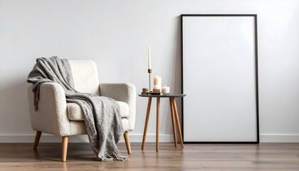 Hygge-Inspired Corner with Vertical Artwork. Vertical blank framed poster mockup