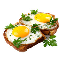 Toasts Topped with Fried Eggs Meat and Parsley isolated on a transparent background.
