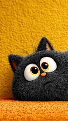 Cute black cat character with large eyes resting on textured orange background