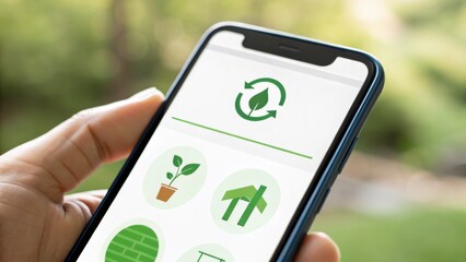 A hand holds a smartphone displaying eco-friendly icons and a recycling symbol, set against a blurred green background.