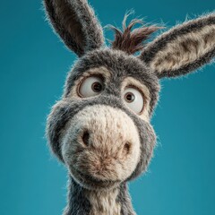 A cartoon-style donkey displays a cheerful expression, featuring large eyes and soft fur. The vibrant blue backdrop enhances the characters whimsical charm.