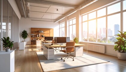 Fototapeta premium Modern office space bathed in sunlight with plants and cityscape views