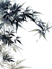 Minimalist Chinese Ink Bamboo Leaves on White Background