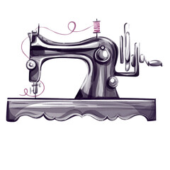 Watercolor vintage sewing machine for tailoring. Clothes design. Handcraft for fashion in retro style