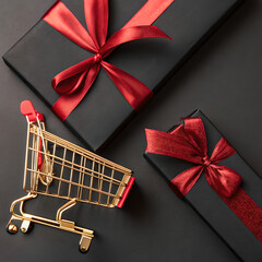 Black Gift Boxes with Red Ribbons and Gold Shopping Cart