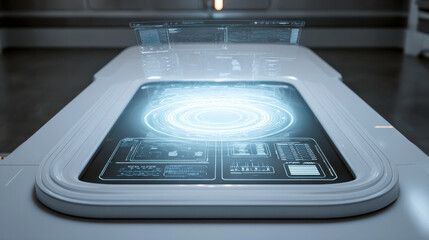 Futuristic holographic control panel displaying data and information in a command center