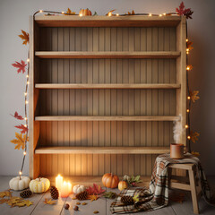 Cozy Autumn Fall Empty Wooden Shelf Display