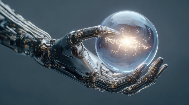 Robotic arm holding energy sphere, generating electric lightning sparks
