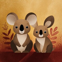 Two adorable animal characters, a koala and a kangaroo, sit side by side against a warm-toned background decorated with leaves and textures.