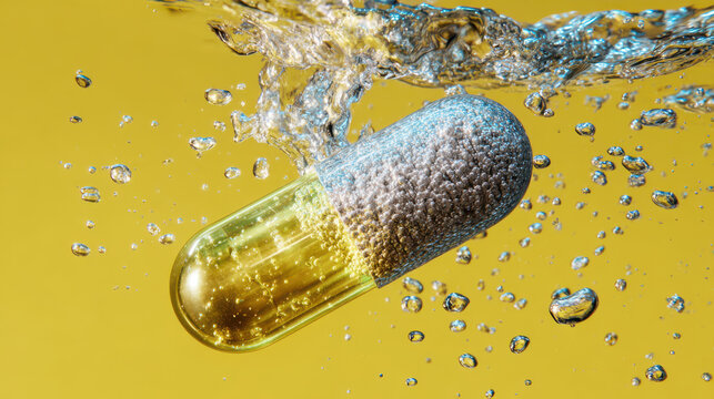 Medicine capsule dissolving in water with bubbles on yellow background