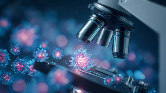 Microscope analyzing coronavirus covid-19 cells causing pandemic outbreak
