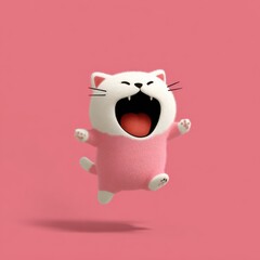 An adorable cat character with a white face and pink body joyfully jumps with its mouth wide open, set against a bright pink background that adds to the cheerful atmosphere.