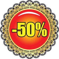 50% Off Sale Badge – Shiny Golden Emblem with Discount Label