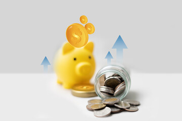 Piggy bank and coins in a glass bottle with arrow up. Art collage digital pop modern art