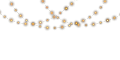 Holiday string lights PNG. Decorative glowing fairy garland with LED bulbs isolated on transparent background. Christmas, New Year and wedding party luminous light decoration illustration.