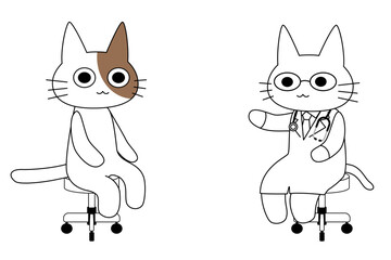 Obraz premium 診察する医者と患者の猫キャラクターのイラスト