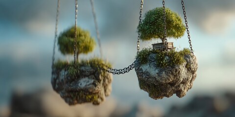 Floating island tethered chain earth authentic teaching moment realistic human expression natural soft lighting shallow DOF cinematic tone photorealistic DSLR photo 85mm lens professional candid style
