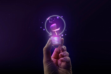 Hand holding light bulb tree with light bulb. Digital Convergence and and technology convergence. Purple light and network background