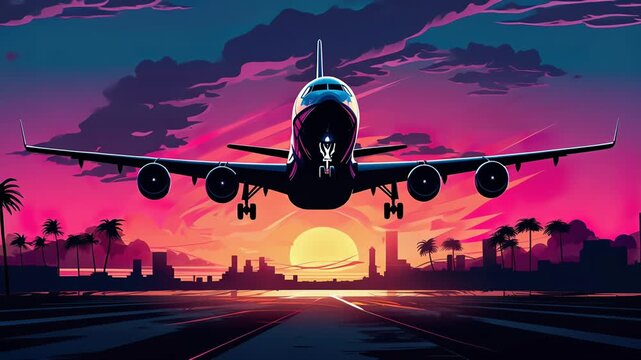 airplane landing or take off on airport runway at sunset, plane flight at orange sky background at sunrise, cartoon illustration style 4k