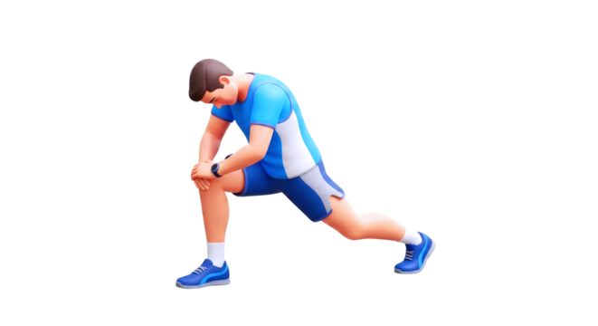 3d cartoon athlete stretching prerun flexibility, fitness warmup, exercise model, isolated on transparent background
