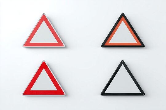 Various triangular warning signs displayed on a white wall emphasizing safety precautions in different colors and designs for diverse scenarios