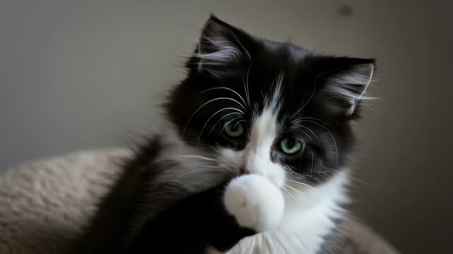 Adorable black and white cat with striking green eyes playfully resting on a cozy bed indoors