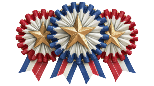 Patriotic award rosette badge with ribbon and star symbol representing honor achievement and national pride isolated on white background
 - Powered by Adobe