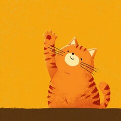 A cheerful orange cat with stripes is raising its paw in a friendly wave. The vibrant yellow background enhances the playful mood, inviting smiles and warmth.