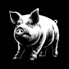 Fototapeta premium A lively piglet runs playfully on a smooth surface in a dark studio. The animals texture and features are highlighted by the contrasting light, emphasizing its joyful demeanor.