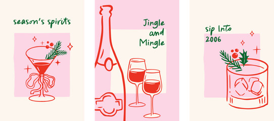 Merry Christmas, hand drawn illustrations of wine, champagne, holiday cocktails. Vertical Christmas cards in modern vintage style. Christmas eve dinner, glasses, tree decorations elements