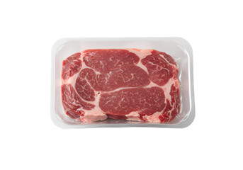 Rib Eye Steak in Plastic Packaging isolated on transparent background