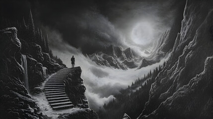 A staircase that leads nowhere, with a person climbing endlessly, trying to reach something that doesna??t exist